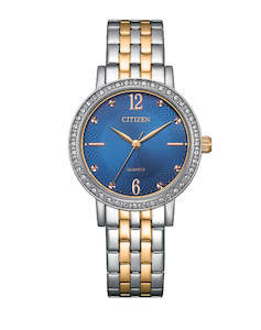 Ladies Citizen Rose And Silver Ananlogue Watch With Blue Crystal Set Dial