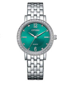 Citizen: Ladies Silver Citizen Watch With Green Dial And Cystals