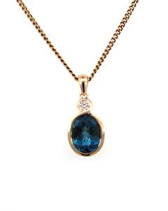 Diamonds In July Sale: 9Ct Yellow Gold London Blue Topaz And Diamond Pendant