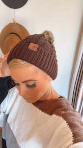 Brown pom pom beanie