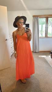 Womenswear: Orange pleat V neck maxi dress