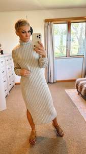 Womenswear: Ribbed knit high neck split midi dress