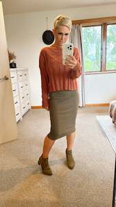 Khaki ribbed knit elastic waist pencil skirt