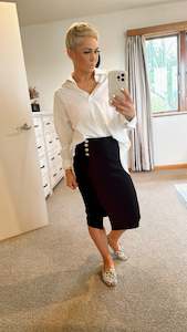 High waist button detail black split front skirt