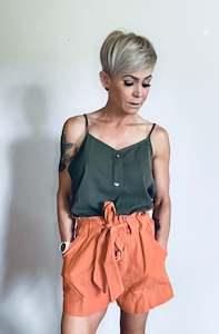 Rust paper bag waist belted shorts