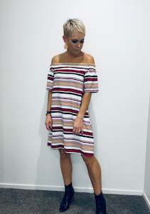 Stripe off the shoulder dress in burgundy