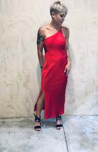 Asymmetrical red dress satin look