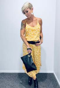 Womenswear: Leaf print jumpsuit- mustard