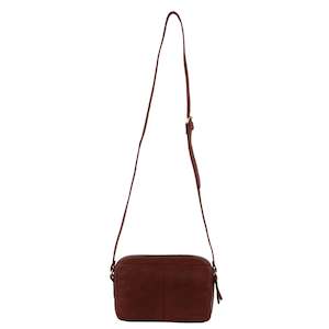 Ladies Leather Double Zip Cross Body Bag - Brown