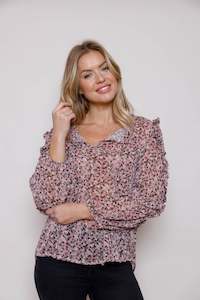 Clothing: SUZY D - PRINT BLOUSE WITH FRILL DETAIL - RASPBERRY