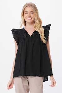 Clothing: Suzy D Roma Cotton Frill Sleeve Top - Black