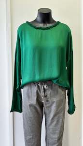 Clothing: Suzy D Regina Satin Top with Frayed Edging - Bottle Green