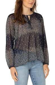 Liverpool L/S Shirred Blouse - Midnight Garden