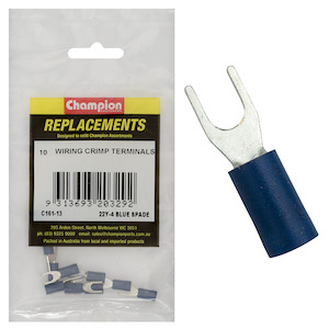 Auto Crimp Terminals: Champion 5/32in / 4mm Blue Spade Terminal 10pk