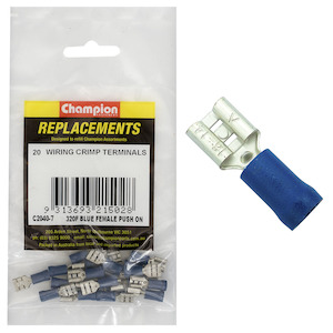 Auto Crimp Terminals: Champion Blue Female Push-On Spade Terminal 20pk