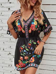 Bohemian Elegant Printed Dress With Tassels - Black