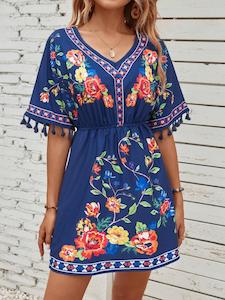 Bohemian Elegant Printed Dress With Tassels - Blue