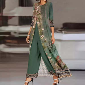 Two - Piece Long Sleeved Printed Emerald Suit