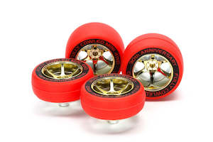 Hobby equipment and supply: Tamiya Mini 4wd 95665 Red Slick Tires & Gold Color Plated Wheels