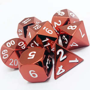 Hobby equipment and supply: 7 Piece Metal DND Dice Set Red Plated