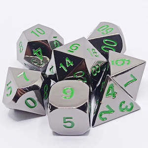 Hobby equipment and supply: 7 Piece Metal DND Dice Set Silver/Green