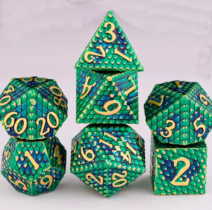 Metal Polyhedral Dice set (7pcs) - Dragons Scales (Green/Blue)