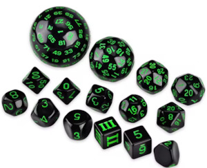 15 Piece Opaque Black/Green Polyhedral Dice Set (D3-D100)