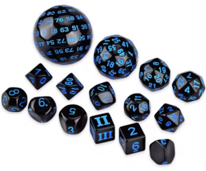 15 Piece Opaque Black/Blue Polyhedral Dice Set (D3-D100)