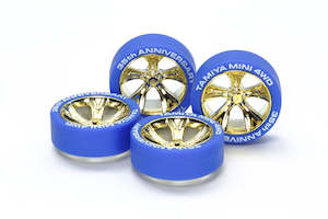 Hobby equipment and supply: Tamiya Mini 4wd 95098 35th Anniversary Tire and Wheel set Blue and Gold Plate 5-Spoke