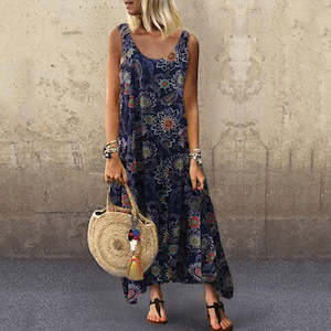 Women's Bohemian Floral Midi Dress Deep Blue | TOUCHANDCATCH NZ