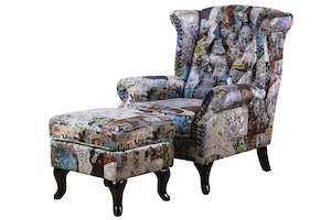 TNC Large Patchwork Wing Chair and Ottoman, 76B