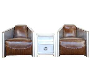 TNC Spitfire Armchairs and Cabinet, Genuine Leather & Aluminum, C663x2+T1039