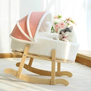 Wooden Boucle Bassinet Cat Cradle Cat Bed Soft Comfortable Princess Pink