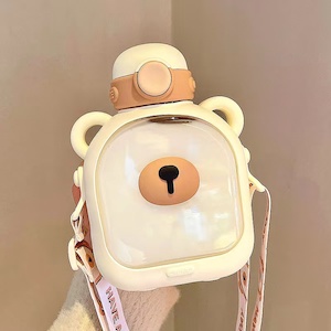 700ml Water Bottle Cute Bear Design with Plastic Straw – White