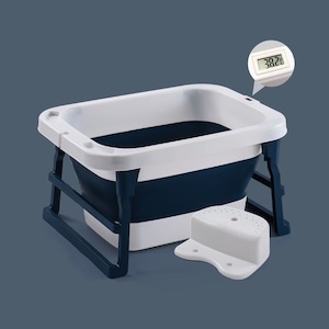 Foldable Kids Bathtub with Seat and Water Thermometer – Dark Blue