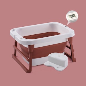 Foldable Kids Bathtub with Seat and Water Thermometer – Red