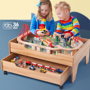 Wooden Train Table with trains tracks and toys and storage drawer (100pcs)