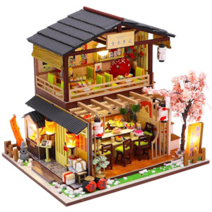 DIY Wooden Dollhouse Sushi Bar Miniature Furniture With LED Kits Dust Cover