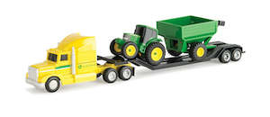 TOMY JOHN DEERE YELLOW HAULER SEMI AND TRACTOR WITH TRAILER