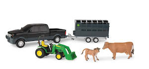 TOMY JOHN DEERE 1:32 PICKUP & LIVESTOCK TRAILER SET BLACK