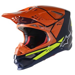 Motorcycle or scooter: Supertech S-M8 Factory Helmet Dark Blue/Orange Fluoro/Yellow Fluoro