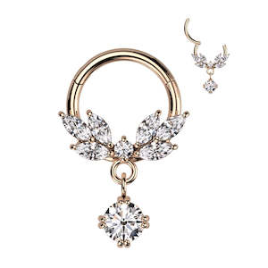 Jewellery: Rose Gold Jewelled High Quality Precision CZ Vine with CZ Dangle Hinged Ring - E403B