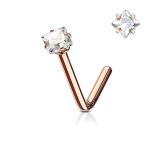 Rose Gold Square Jewelled "L" Bend Nose Stud - NS79A