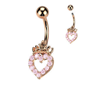 Jewellery: Rose Gold Jewelled Heart and Crown Fancy Banana Bar - 366B