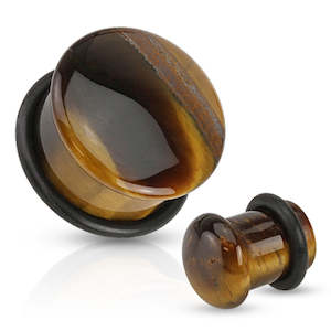 Jewellery: Tiger's Eye Semi Precious Stone Domed Single Flare Plug with O-Ring (4mm - 8mm) - E192D