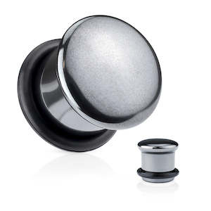 Hematite Semi Precious Stone Domed Single Flare Plug with O-Ring (4mm - 8mm) - E192F