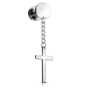 SS316L Cross on Chain Dangle Fake Plug - M329