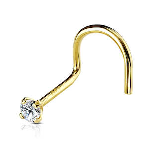 14kt Solid Gold Jewelled Prong Nose Screw 18 Gauge - GOLD16A