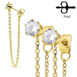 Gold Jewelled Chain Drop Ear Studs (1 pair) - E240A