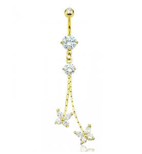 Gold Jewelled Prong Set Fancy Banana Bar with CZ Butterly Duo Dangles - 550A